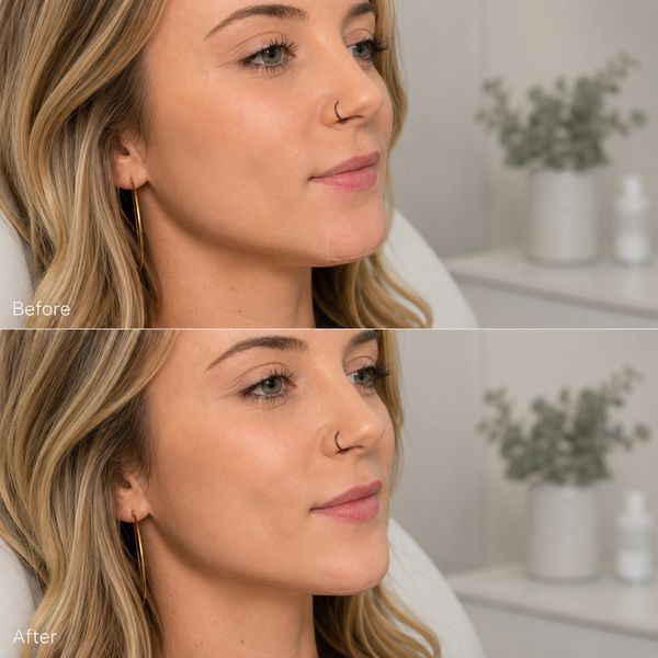 A before-and-after split comparison of a woman's face, showing a slim gold hoop earring worn in the top image and not visible in the bottom image, likely demonstrating the effect of a nose piercing or ear piercing procedure. The background is a soft-focus, bright bathroom or spa setting with a shelf and potted plants.