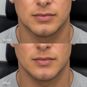 Before-and-after close-up comparison of a man's lower face and neck showing a reduction in stubble and facial hair growth, with 'Before' on the top and 'After' on the bottom.