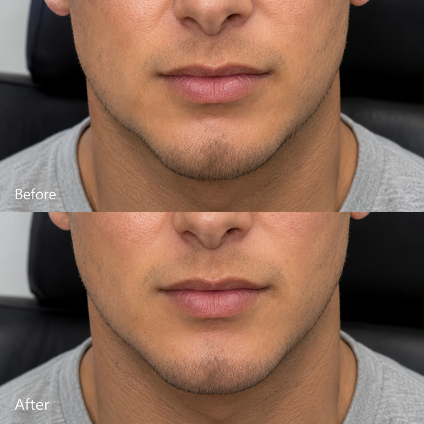Before-and-after close-up comparison of a man's lower face and neck showing a reduction in stubble and facial hair growth, with 'Before' on the top and 'After' on the bottom.