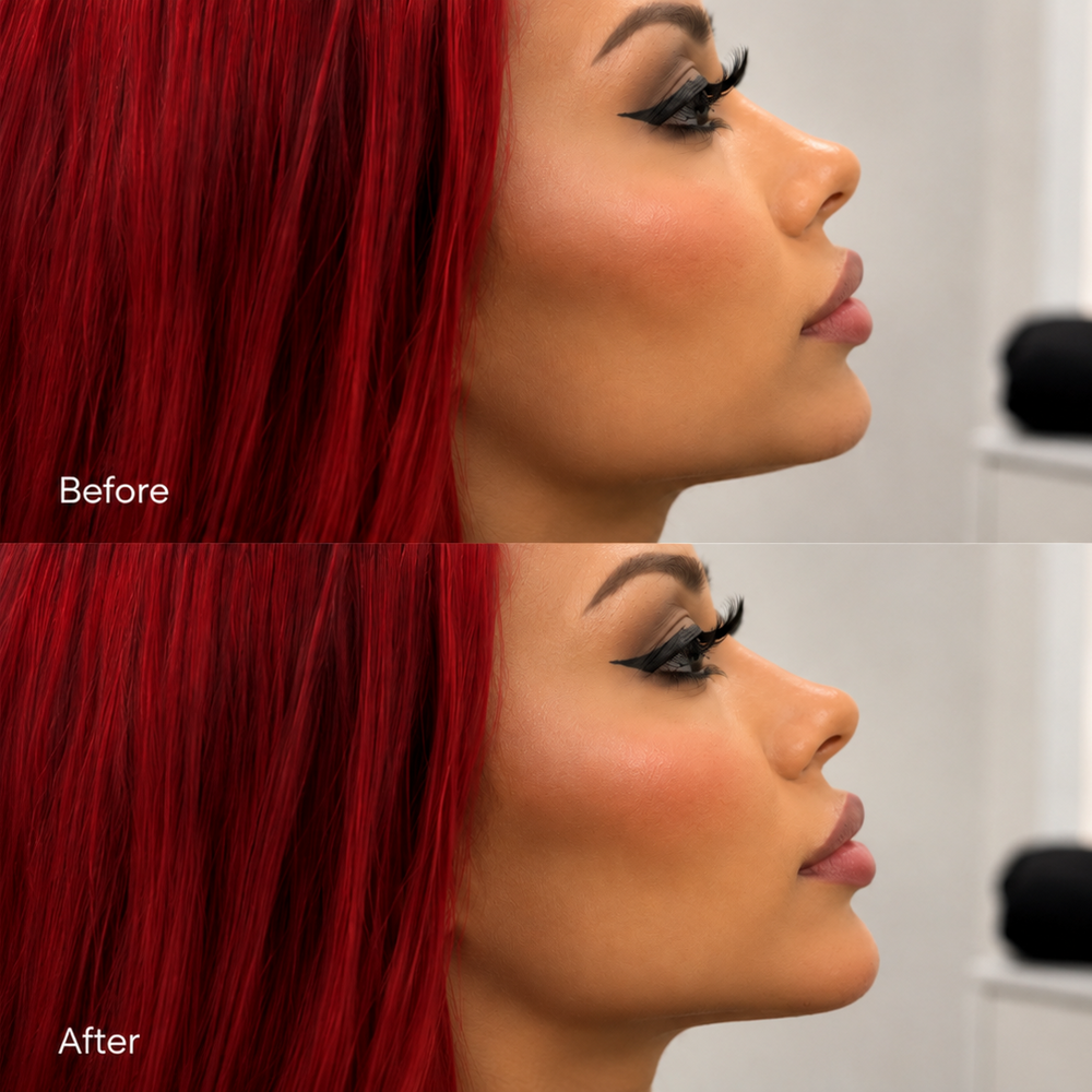 A close-up lifestyle shot of a woman receiving a dermal filler injection from a practitioner wearing black gloves. The woman has long, dark hair and is shown in profile with her eyes closed, wearing a small stud earring.