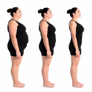 Three side-profile photos of a woman standing in a black sleeveless fitted mini dress against a plain white background.