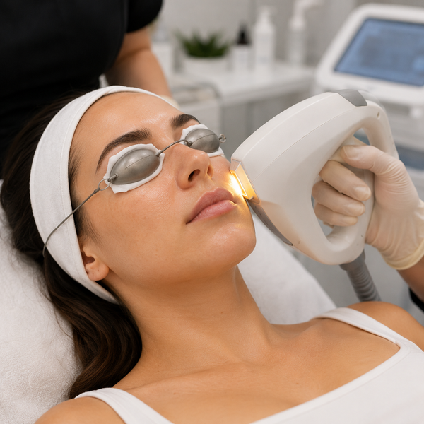 A woman lies on a treatment bed while a skincare professional uses a handheld laser device on her face. She wears protective goggles and a white headband in a bright clinical setting.