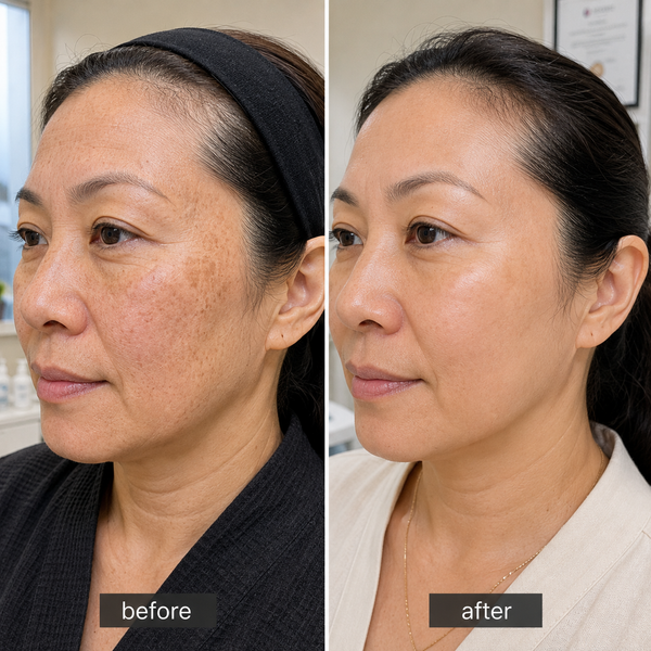 Before-and-after side-by-side comparison of a woman's face, showing skin improvement. The left side is labeled 'before' and shows visible freckles and uneven pigmentation.