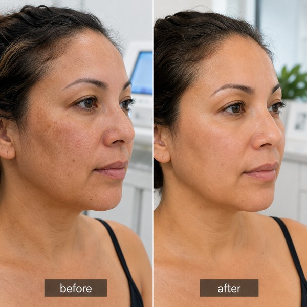 Before-and-after side-by-side comparison of a woman's face, showing skin texture and tone improvement. The left panel is labeled 'before' and shows a closer-up of her face and shoulders.