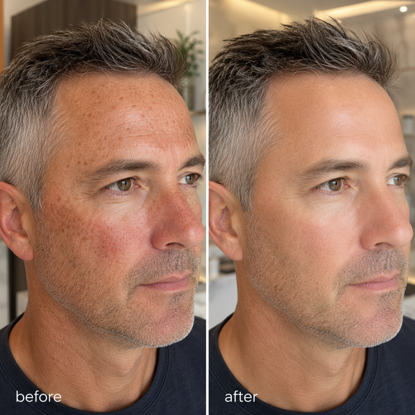 A side-by-side before and after comparison of a man's face, showing skin texture and freckling reduction. The left side is labeled 'before' and shows more sun damage and redness, while the right side is labeled 'after' and shows smoother, clearer skin.