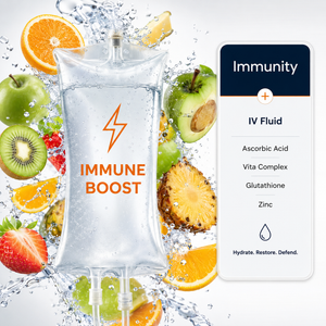 An IV fluid bag labeled 'Immunity' and 'IMMUNE BOOST' surrounded by fruit slices and splashing water, with a side panel listing ingredients such as ascorbic acid, vita complex, glutathione, and zinc.