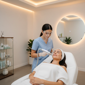 Professional provider performing a DiamondGlow facial treatment with a handheld device in a modern aesthetic clinic