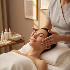 Client receiving a luxury Red Carpet Facial treatment in an elegant aesthetic clinic