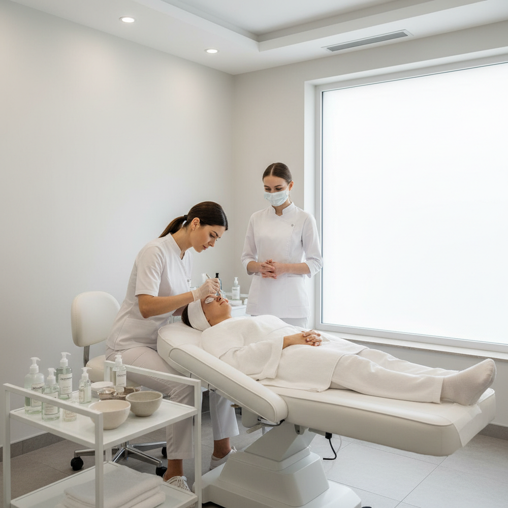 Professional esthetician shadowing observation experience in a clean modern skincare clinic