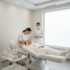 Professional esthetician shadowing observation experience in a clean modern skincare clinic