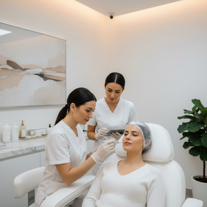 Professional aesthetic injector shadowing observation session in a clean modern medical spa clinic
